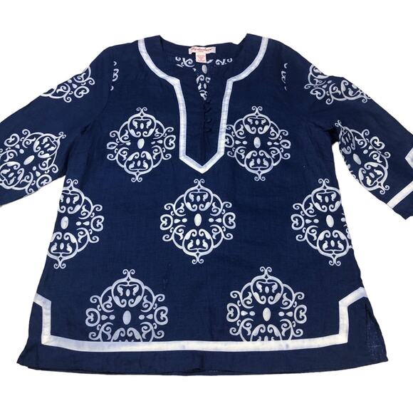 Lily Stanhope blue/white blouse 100% Linen 1X - Picture 1 of 9